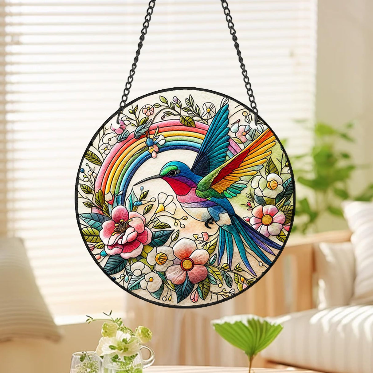 Hummingbird Suncatcher Stained Glass Window Hanging Original Design of 7.8''Hummingbirds Rainbow Flowers for Sun Catchers Indoor Wall Art Home Decor Gift Painted Glass Panel Dadamayar