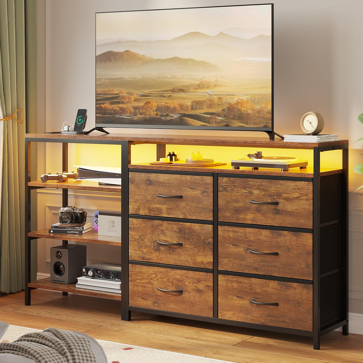 HAUOMS TV Stand for 60 Inches TV,TV Stand with Charging Station & LED Lights, 6 Fabric Drawers,Entertainment Center and Industrial TV Console Table with Shelves for Living Room, Bedroom,Rustic Brown HAUOMS