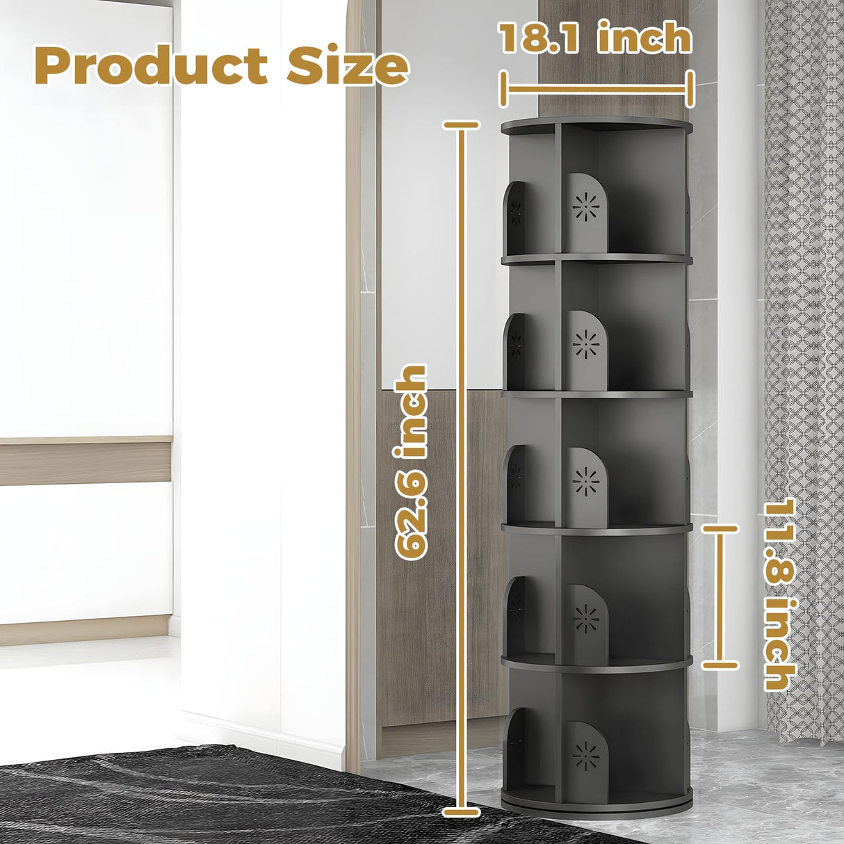 Hestiasko 5 Tier Rotating Bookshelf, 360 Rotating Bookcase, Spinning Bookshelf Tower for Kids & Adults, Corner Bookshelf for Small Space, Revolving Bookcase for Bedroom, Living Room, Black Hestiasko