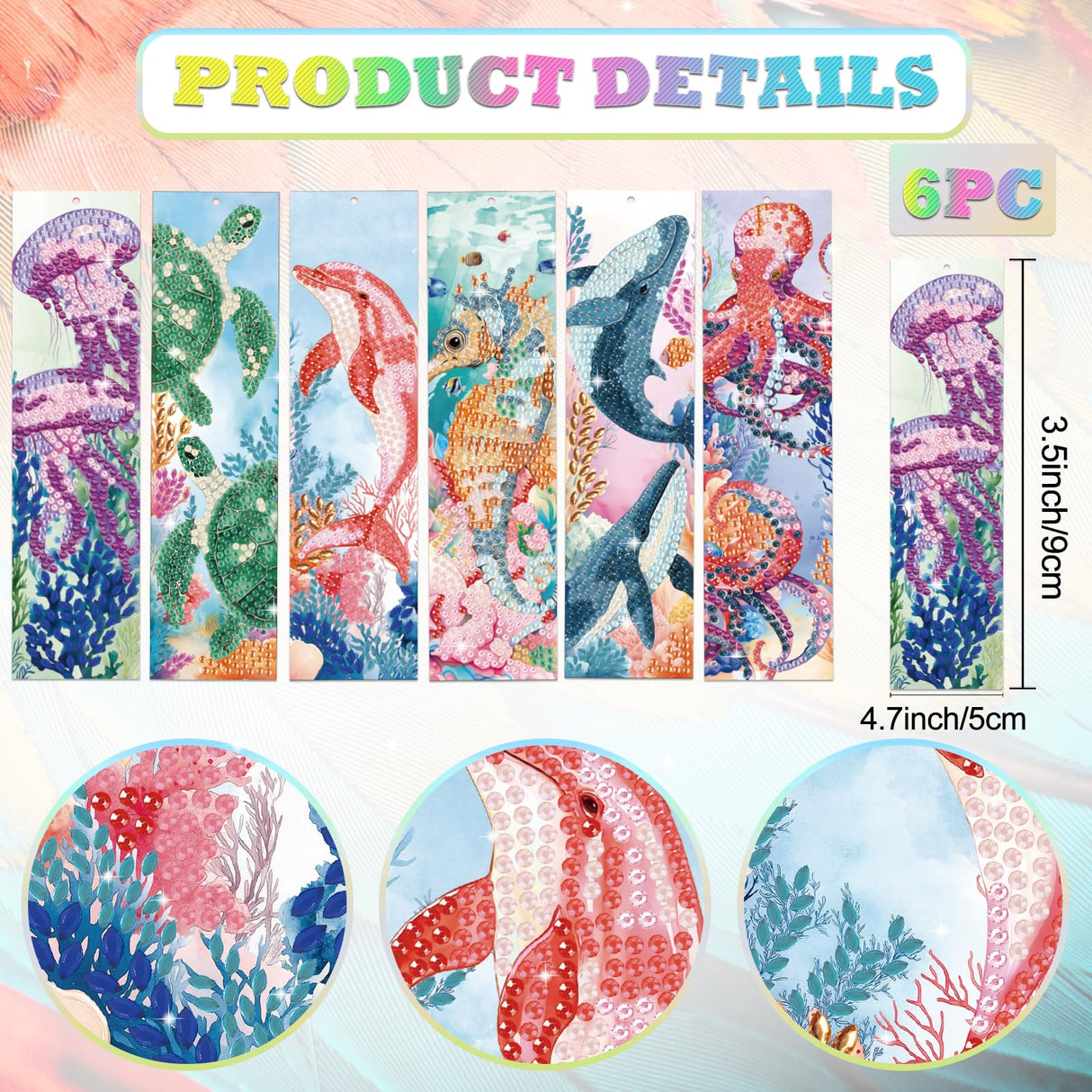 beinkmake 6Pcs Marine Animals 5D Diamond Art Bookmarks Turtle Dolphin Whale Diamond DIY Painting Bookmarks Rhinestones Beaded Acrylic Tassel Bookmark for Adult Beginner Crafts beinkmake
