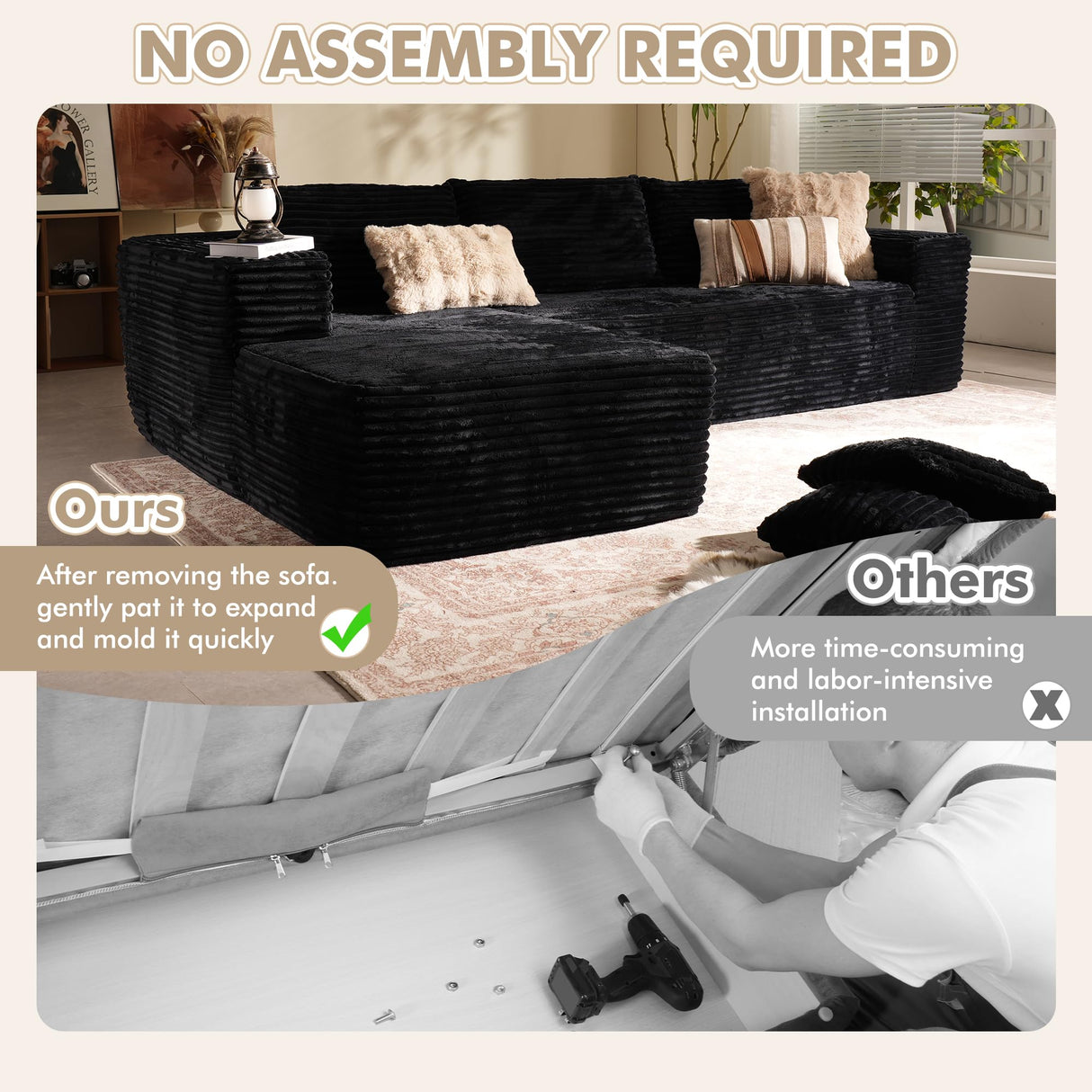 106" Cloud Sectional Couch with Chaise Longue,L Shaped Modular Modern Sofa,Comfy Corduroy Fluffy Couch with Deep Seat,No Assembly Required Couch for Living Room(Left,Plush Corduroy,Black) weaxty W