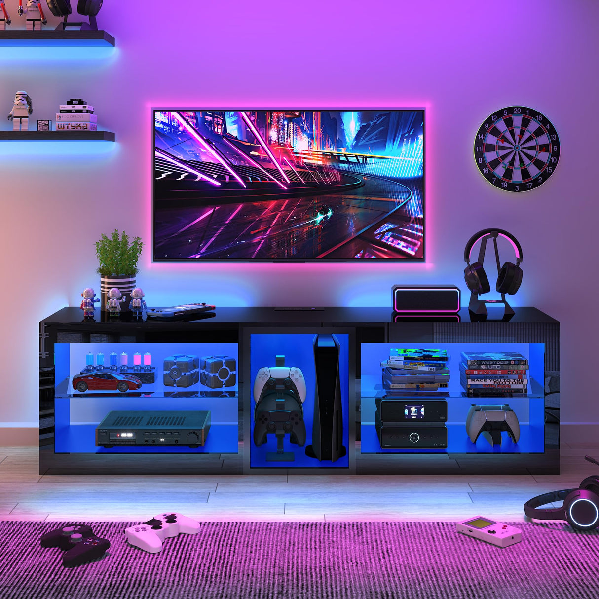 Vinctik 6&Fox LED TV Stands for Living Room w/60,000-Colors Lights&6.5ft Power Outlet for 55 60 65 70inch TV,Modern High Gloss LED Black Entertainment Center w/Adjustable Shelves for Gameroom/Bedroom Vinctik 6&Fox