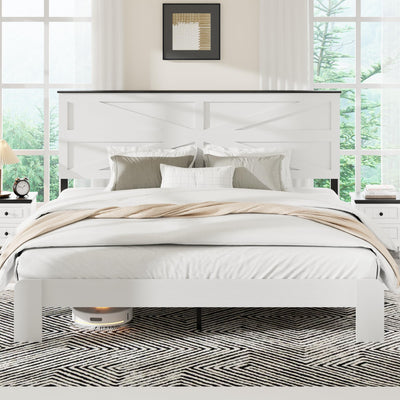 madeslves Farmhouse King Size Wooden Bed Frame with Headboard, Boho Platform Bedframe, Sturdy Metal Slats Support, No Box Spring Needed, Noisy Free, Easy Assembly, White