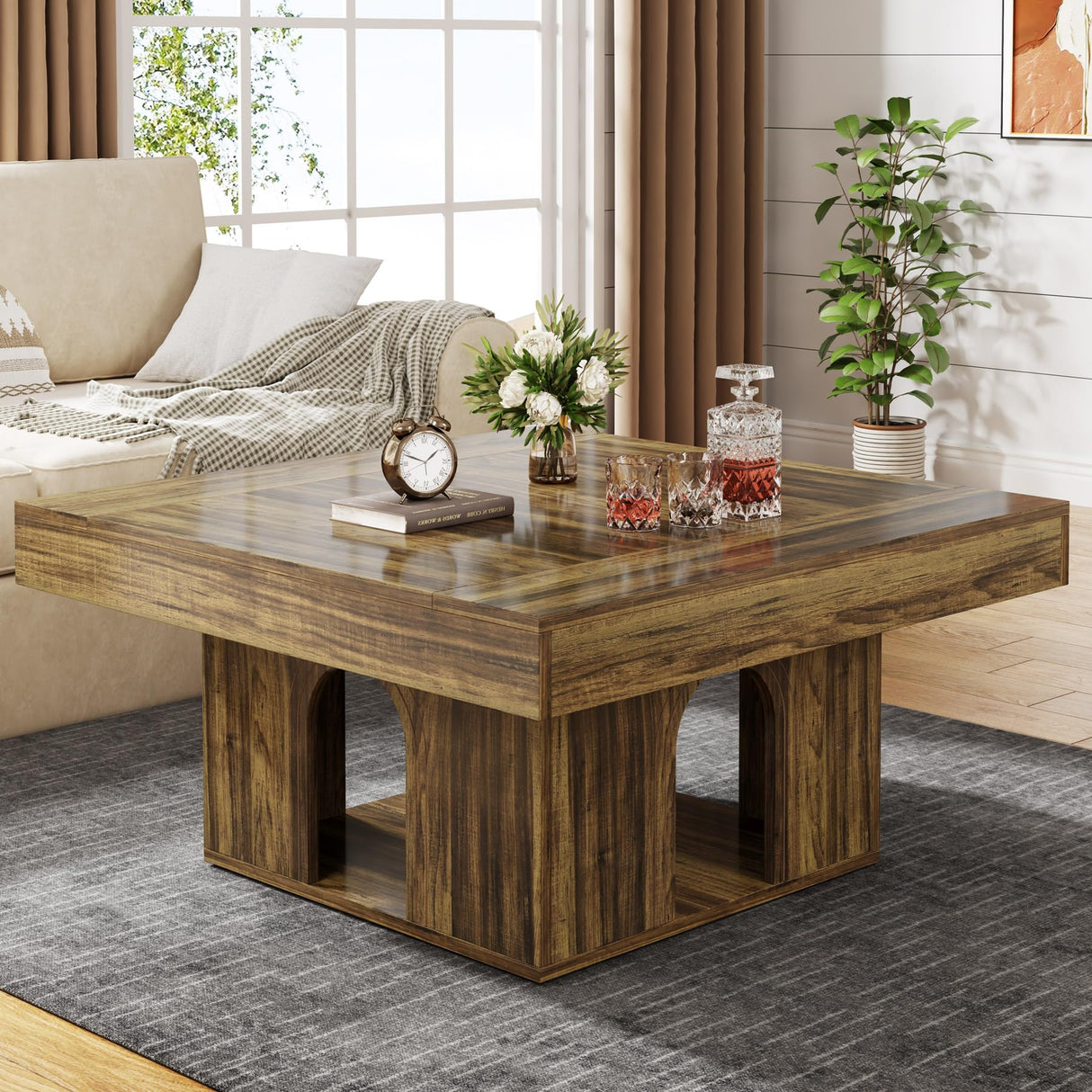 Tribesigns 35" Square Coffee Table, Farmhouse Center Table with 2-Tier Storage, Rustic Wood Cocktail Table Perfect for Living Room, Reception Room, Brown Tribesigns