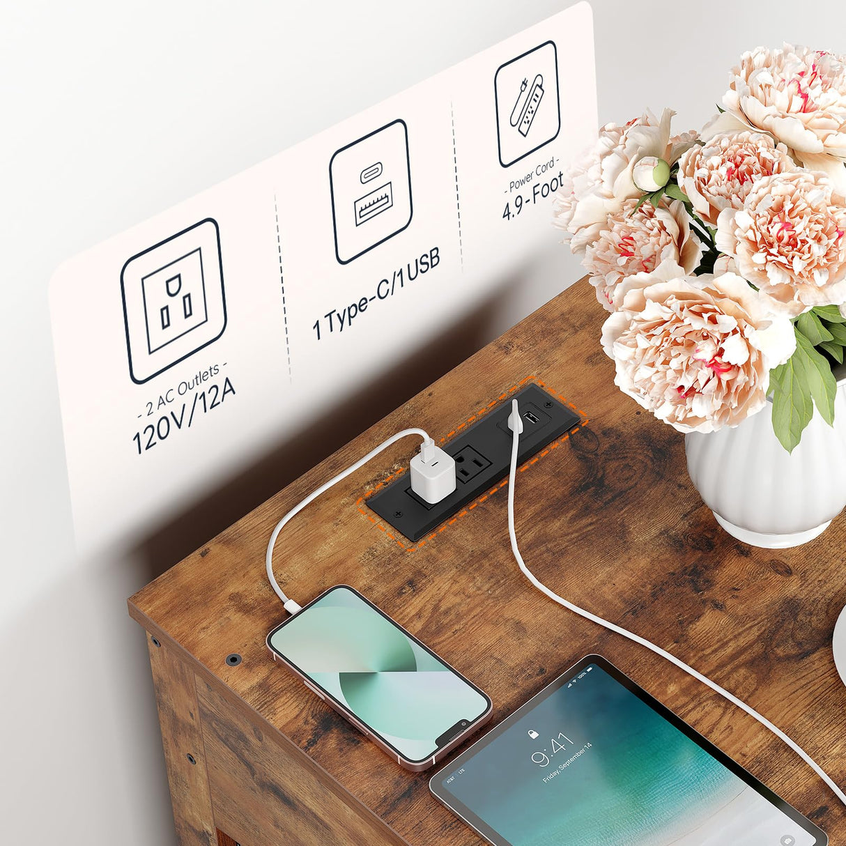 HOOBRO Dog Crate Furniture, Dog Kennel with Drawer and Charging Station, Indoor Decorative Puppy House, Wooden Pet Crate End Table for Small Dogs, Rustic Brown and Black BF58UGW03G1 HOOBRO