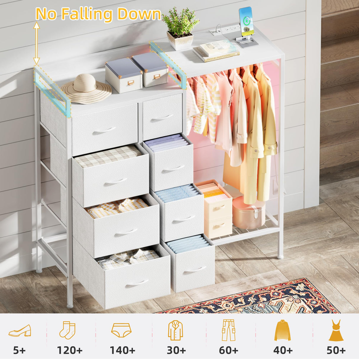 HIGDBFE Dresser with Hanging Rack, 8-Drawer Dresser for Bedroom with Charging Station & LED Lights, White Kids Dresser with Clothes Rack&Shoe Rack, Chest of Fabric Drawers for Bedroom, White HIGDBFE