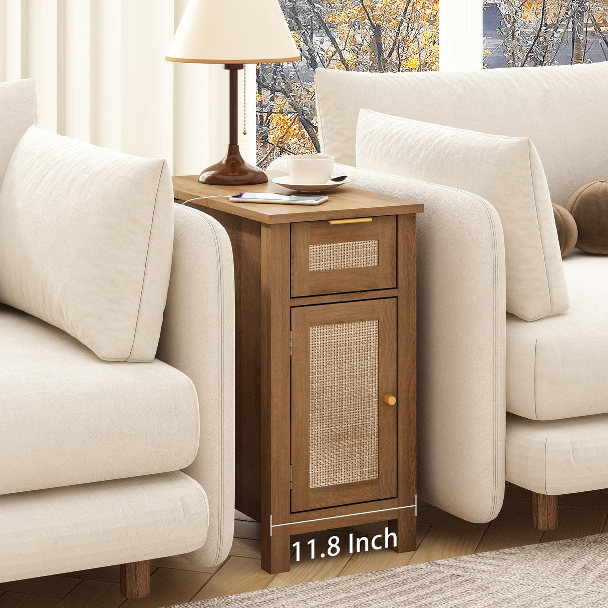 Narrow End Table with Charging Station - Midcentury Rattan Slim Side Table with USB Ports and Power Outlets, Nightstand with Flip Top and Storage Drawer, for Small Spaces Living Room Bedroom, Set of 2 WINWY