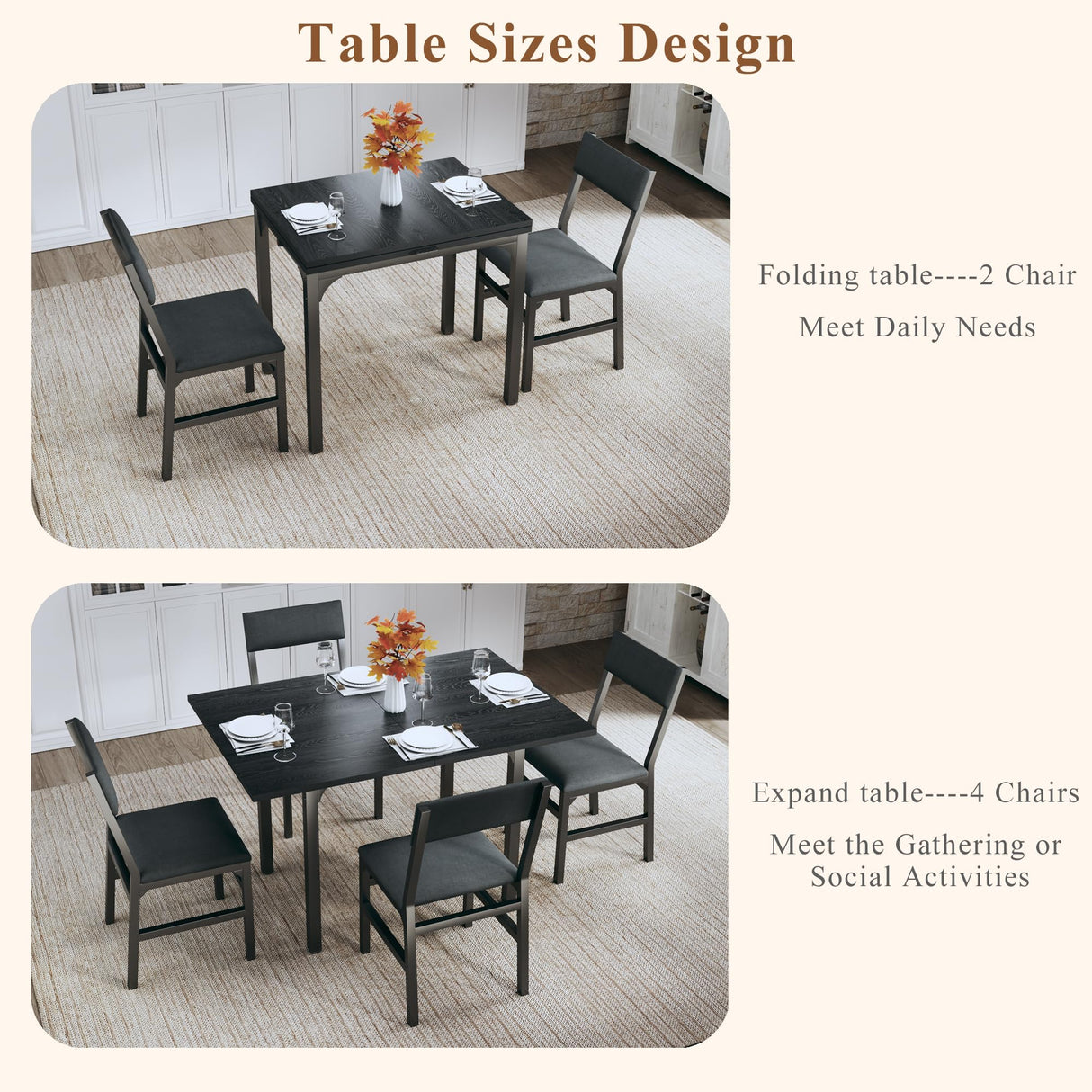 HUAHUU Dining Table Set for 4, Extendable Kitchen Table Cushion Chairs Set of 4, Rectangle Dining Table with Metal Frame & MDF Board, Folding for Small Apartment Saving Space, Black HUAHUU