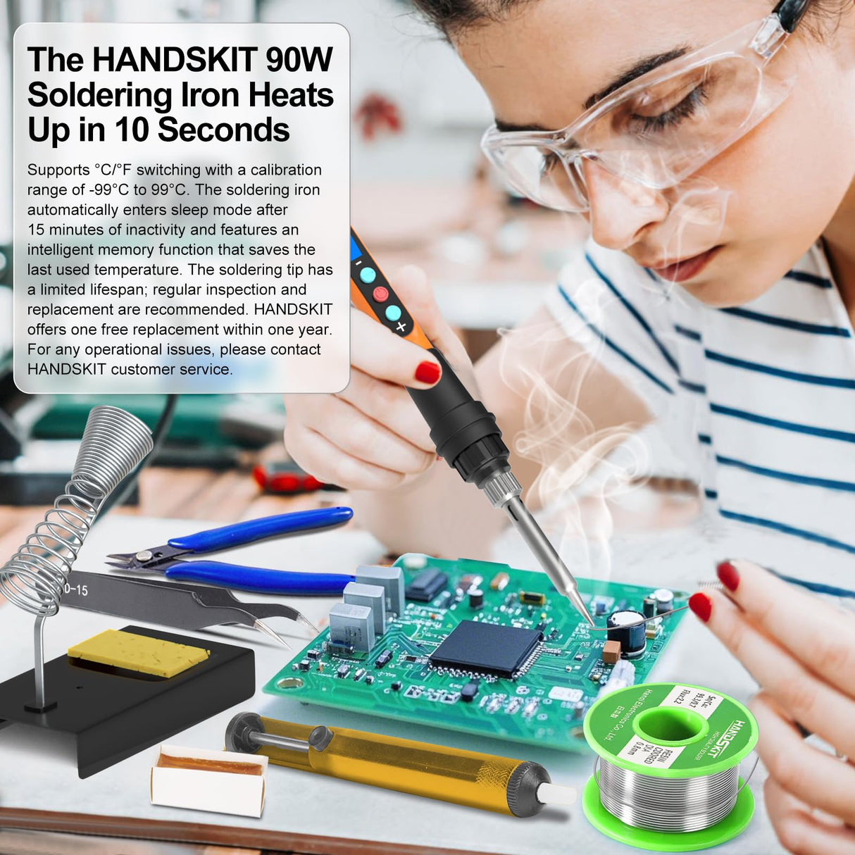 Soldering Iron Kit, 90W Soldering Iron LCD Adjustable Temperature, 13 in 1 Soldering Welding Iron Gun Kit with 5 Tips, Flux, Desoldering Pump, Stand, Tweezers, Wire Cutter, Solder Wire, Sponge, 110V HANDSKIT