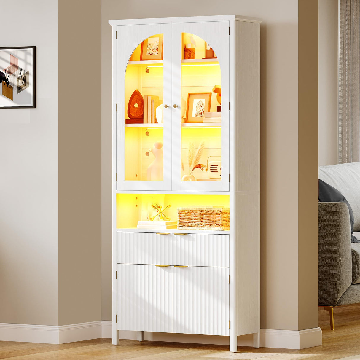 YITAHOME 72" Tall Fluted Bookshelf with LED Lights, White Bookcase with Drawers, Arched Glass Doors, 6-Tier Storage Cabinet Bookcase for Living Room, Office and Study YITAHOME