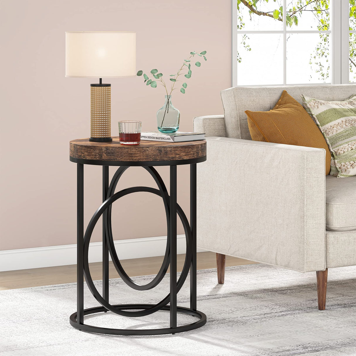 Tribesigns Modern Round End Table with Thick Wood Top, 20”Sofa Side Table Cocktail Table with Unique Black O-Shaped Base, Midcentury Accent Table Nightstand for Living Room Bedroom Tribesigns