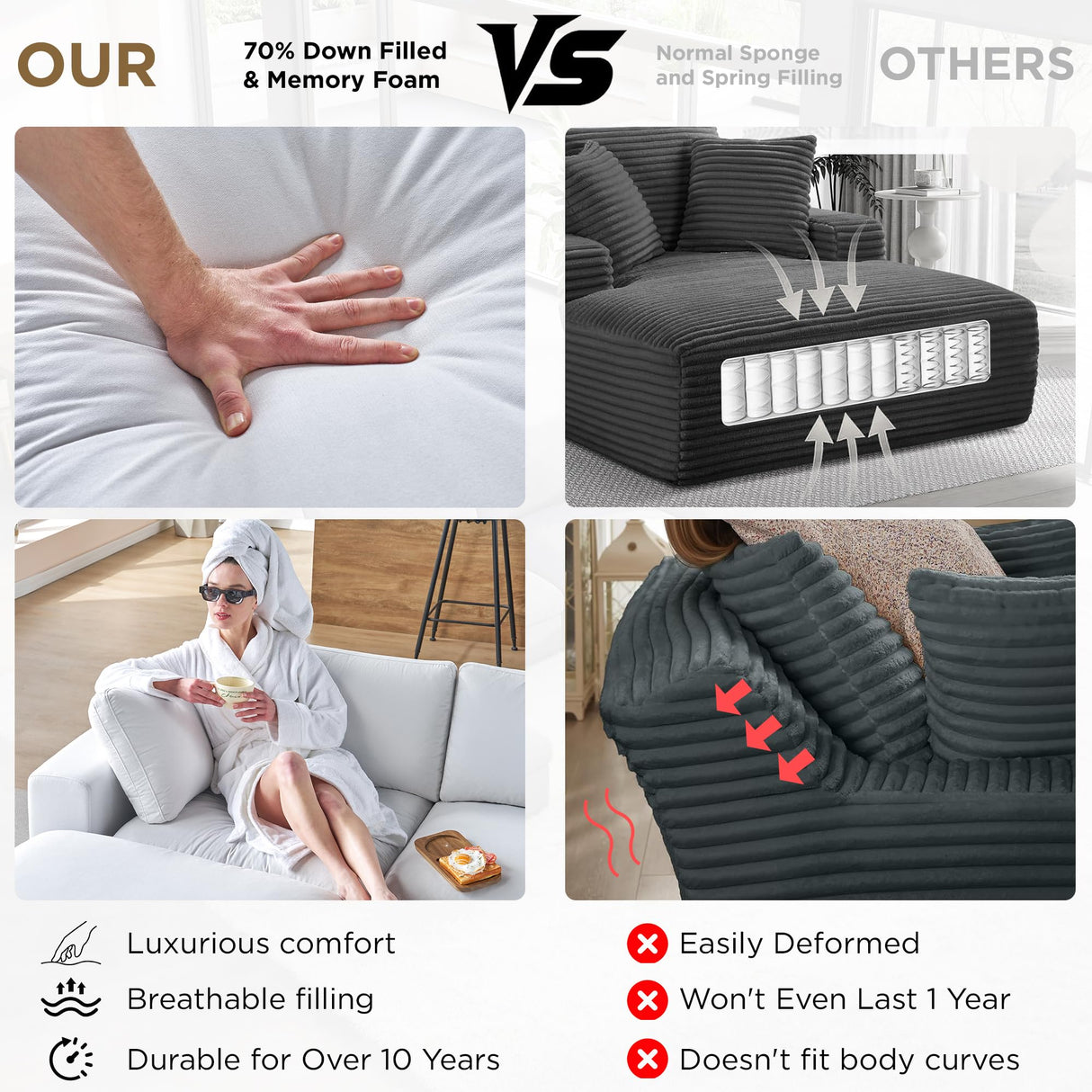 PaPaJet 114" Modular Cloud Couch, Oversized Down-Filled Sectional Sofa with Chaise and Ottoman, 4-Seater L-Shaped Sofa in White Linen for Living Room PaPaJet