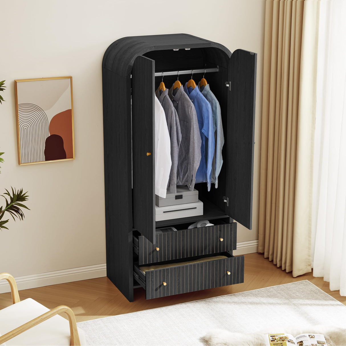 LEVNARY Arched Armoire Wardrobe Closet, Mid-Century Modern 2-Door Freestanding Wardrobe with Hanging Rod and 2 Drawers, Fluted Carved Clothing Storage Cabinet for Bedroom (Black) LEVNARY