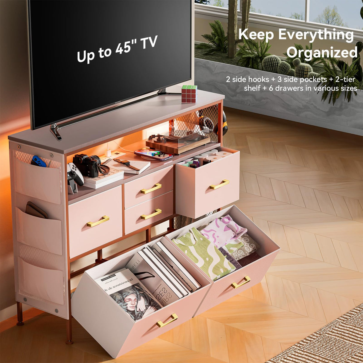 YILQQPER Dresser for Bedroom TV Stand with Power Outlets and LED Light, 6 Drawers Dresser with Side Pockets & Hooks, Wide Dresser with Shelves for 45" TV, Fabric Chest of Drawers with PU Finish, Pink YILQQPER