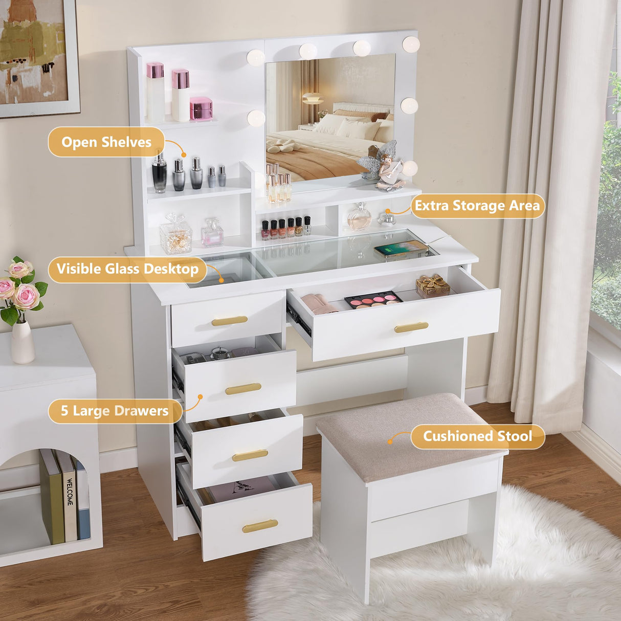 ANWBROAD Makeup Vanity Desk with Mirror and Lights Power Outlet 35.5" Vanity with Glass Top Dresser 3 Lighting Modes Brightness Adjustable White Vanity Desk with Drawers Shelves Bedroom Stool UBDT64W ANWBROAD