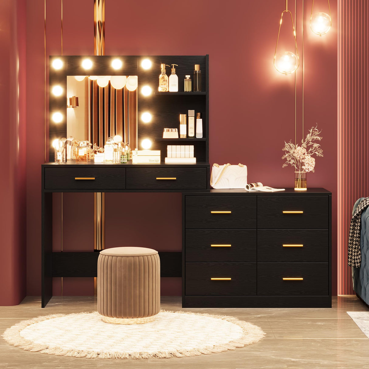 61" Make up Vanity Desk with Mirror and Lights, Black Vanity with 8 Wide Storage Drawers & 2 Tier Shelves, 3 Lighting Modes with Adjustable Brightness, Vanity Desk for Bedroom GarveeHome