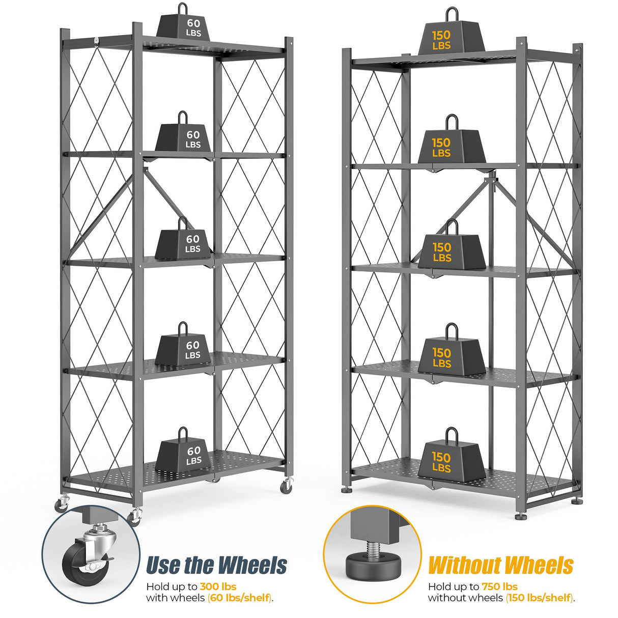 LUCKPRO 5-Tier Folding Metal Storage Rack - 63" Heavy-Duty Steel Frame with Wheels, No Assembly Utility Organizer, Rolling Shelving Unit for Kitchen, Garage, Pantry, Bedroom (Gray, 5 Tier) LUCKPRO