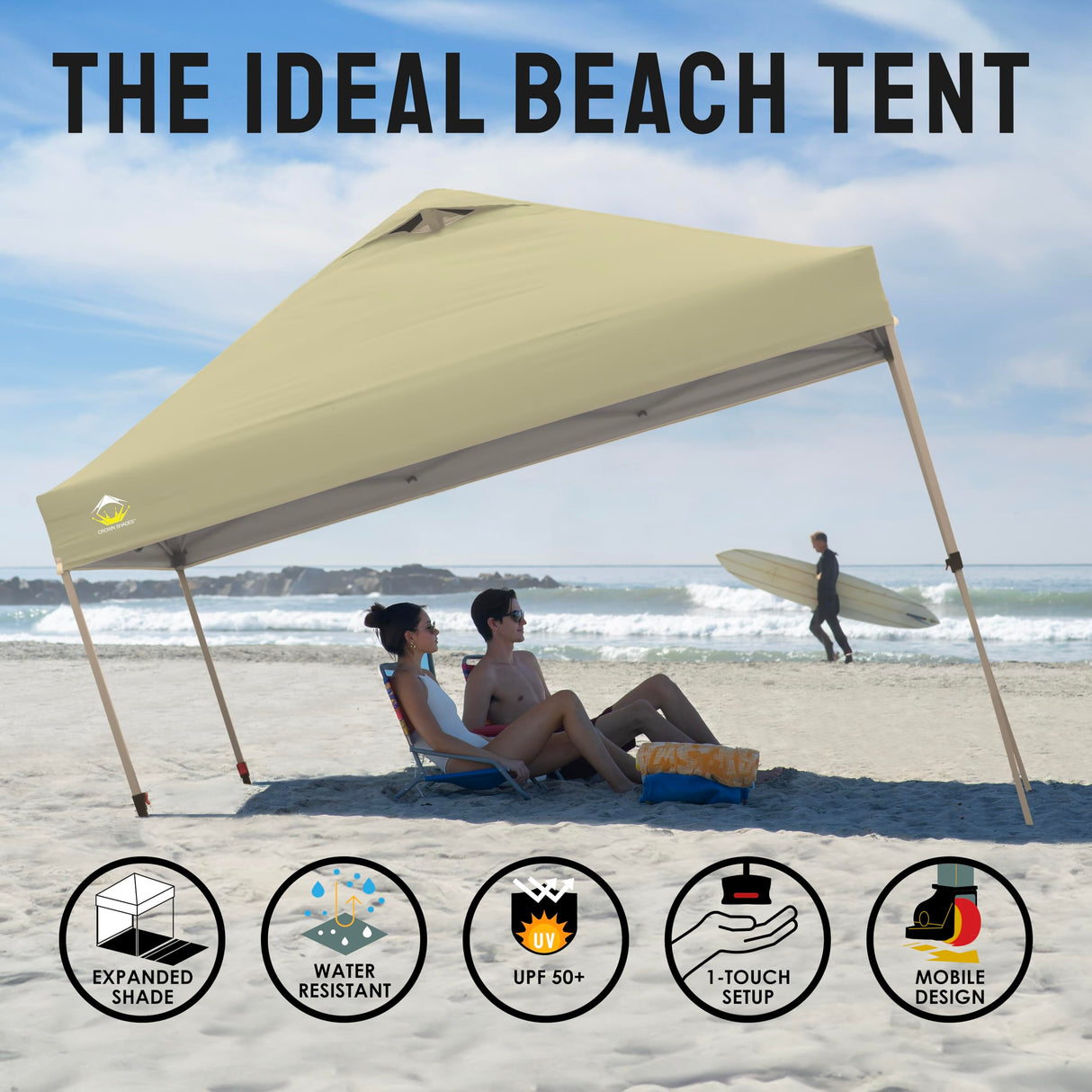 CROWN SHADES 10x10 Pop Up Canopy - Beach Tent with One Push Setup - Outdoor Canopy Tent with STO-N-Go Cover Bag for Events, Parties, Silver Coated Top, 3 Height & 4 Sand Bags,Khaki CROWN SHADES