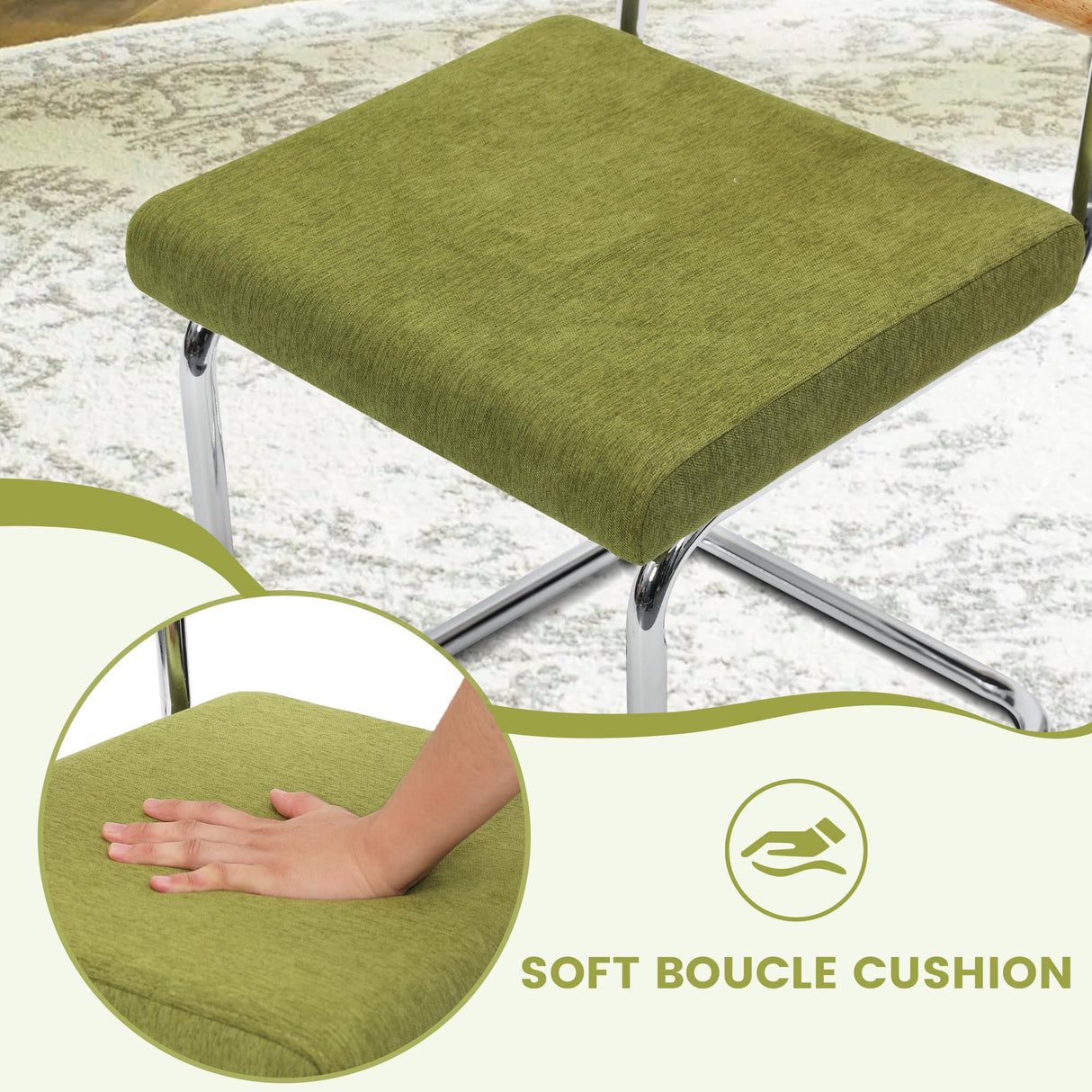 KROFEM Modern Cesca Cane Dining Chairs, Set of 2, Handwoven Rattan Cane Back, Chrome Base, Upholstered Cotton Seat, Ideal for Kitchen or Dining Room, Green KROFEM