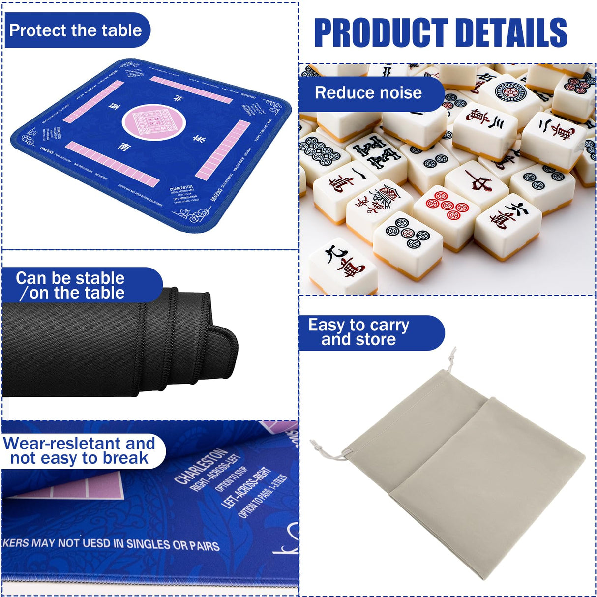 2F22E Mahjong Mat - Non-Slip Noise Reduction Gaming Mat 32.4x32.4 Inch for Mahjong/Poker/Board Games/Card Games/Dominoes (Blue) 2F22E