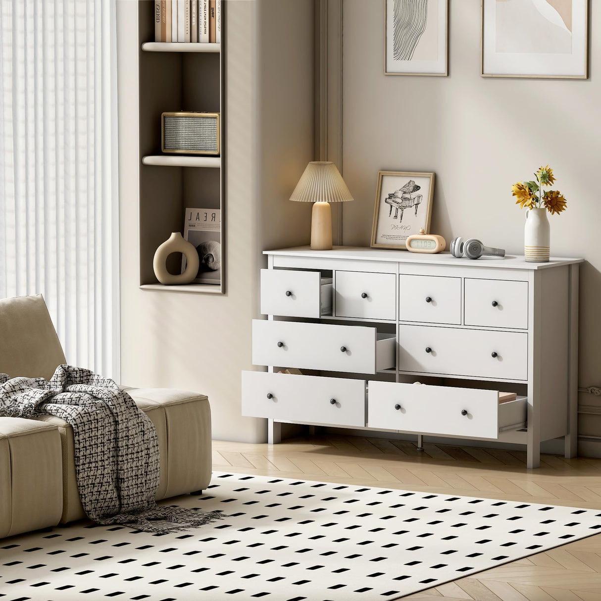 wanan 8 Drawer Dresser, 50" Modern White Dresser &Chests of Drawer, 8 Drawer Wide Dressers for Bedroom wanan