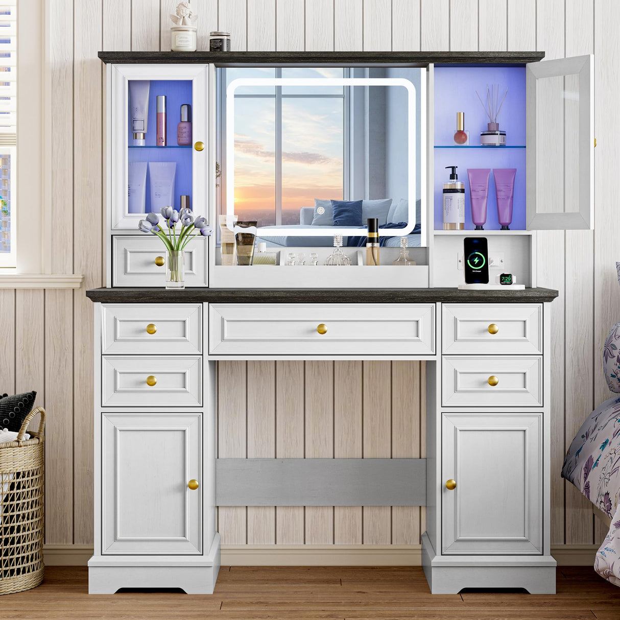 Vanity Desk with HD Lighted Mirror & Power Outlet, Farmhouse Makeup Vanity Table Set with Storage Drawers & RGB Cabinets, Large Dressing Table with 3 Lighting Modes for Women Girls Kids Bedroom, White Xixini