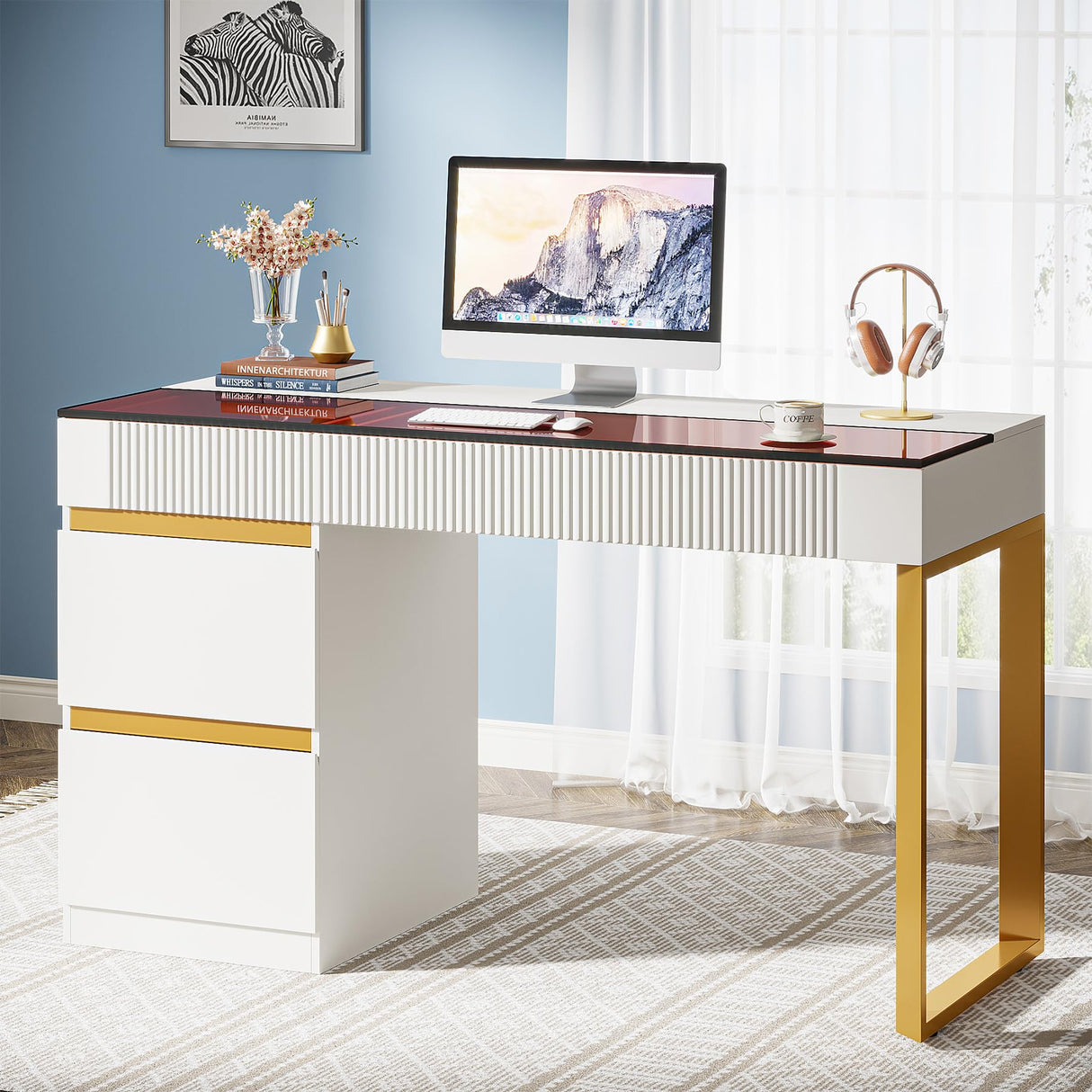 Tribesigns Vanity Desk with Glass Top, 4 Drawers Makeup Vanity Table, Modern Makeup Dresser Desk, White Gold Vanities with Visual Drawer for Bedroom Tribesigns