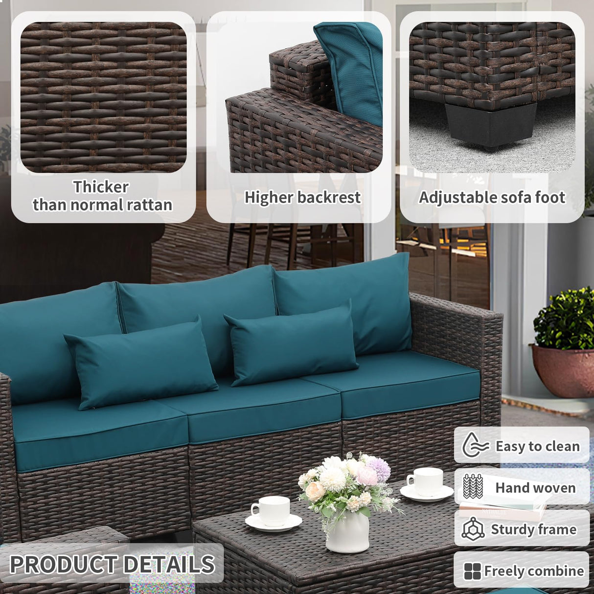 Valita 6 PCS Patio Furniture Set Outdoor Sectional Wicker Conversation Couch Brown Rattan Sofa Chairs with Ottoman Storage Table and Anti-Slip Cushions(Peacock Blue) Valita