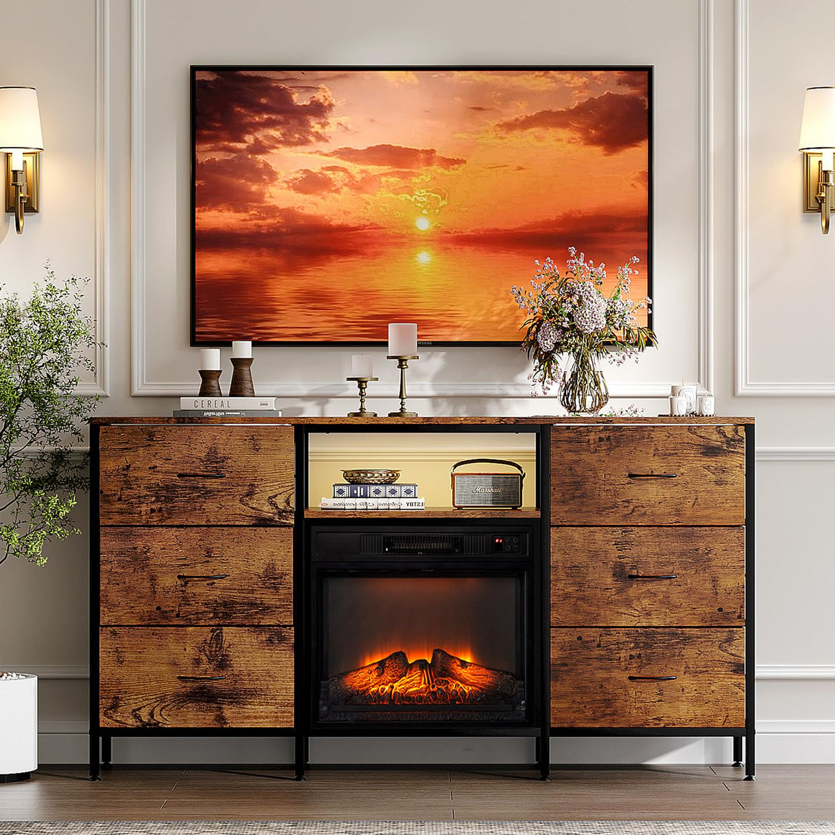 VINGLI Fireplace TV Stand Dresser with Fabric Drawer, Entertainment Center with LED Lights and Industrial TV Console Table with Open Storage Shelves for Living Room, Bedroom,Rustic Brown VINGLI