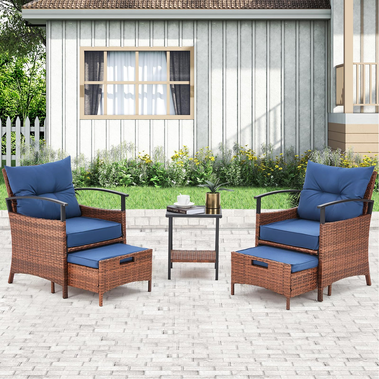AVAWING 5 PCS Outdoor Rattan Furniture Set, Wicker Conversation Sets W/Metal Coffee Table and Soft Cushions, Patio Chairs with Ottomans for Garden, Porch, Balcony and Deck (Blue) AVAWING