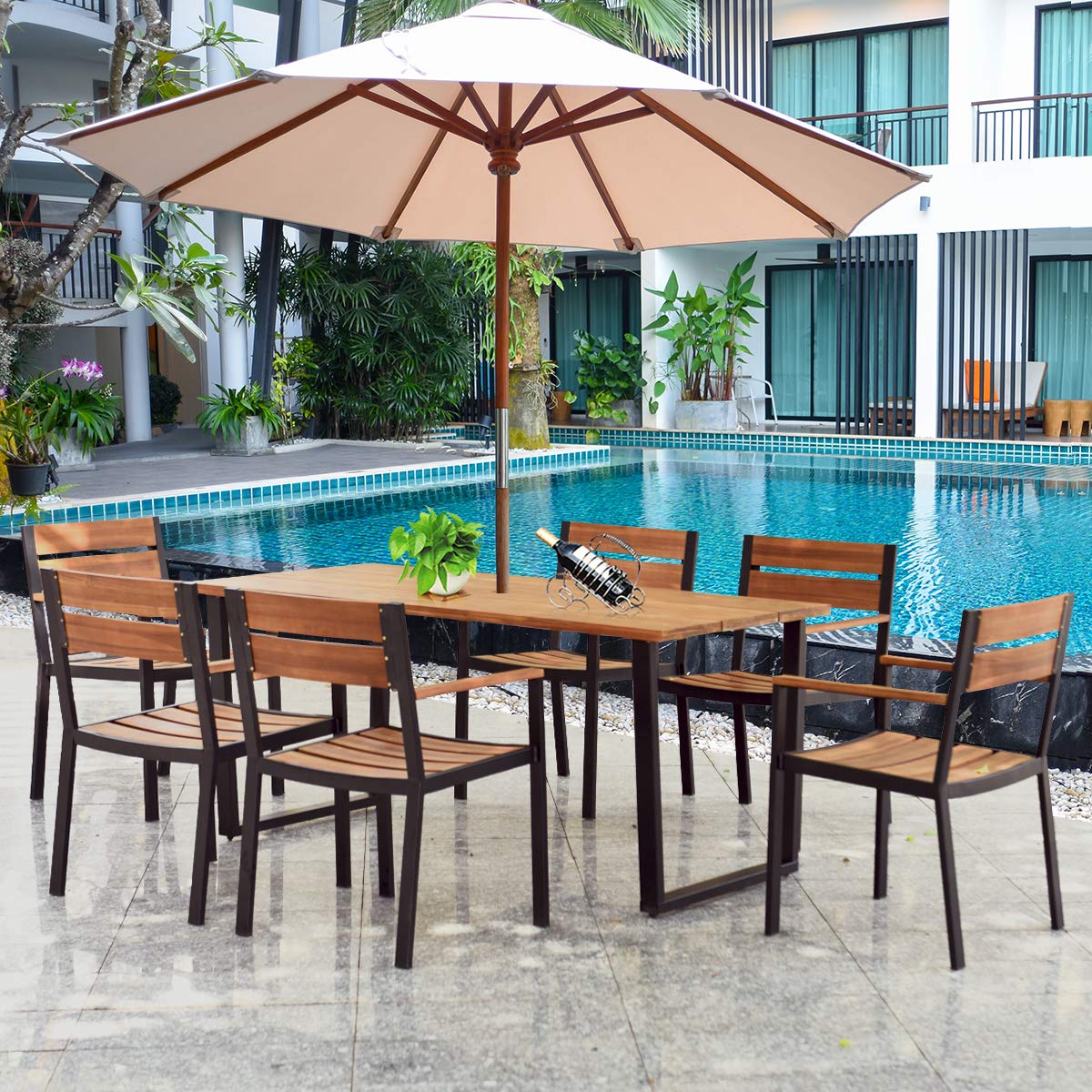 ORALNER 7 Pieces Patio Dining Set, Steel Outdoor Furniture Set w/ 2.16” Umbrella Hole & Acacia Wood Top, 6 x Chairs & Large Rectangle Dining Table for Balcony, Deck, Backyard, Garden, Poolside ORALNER