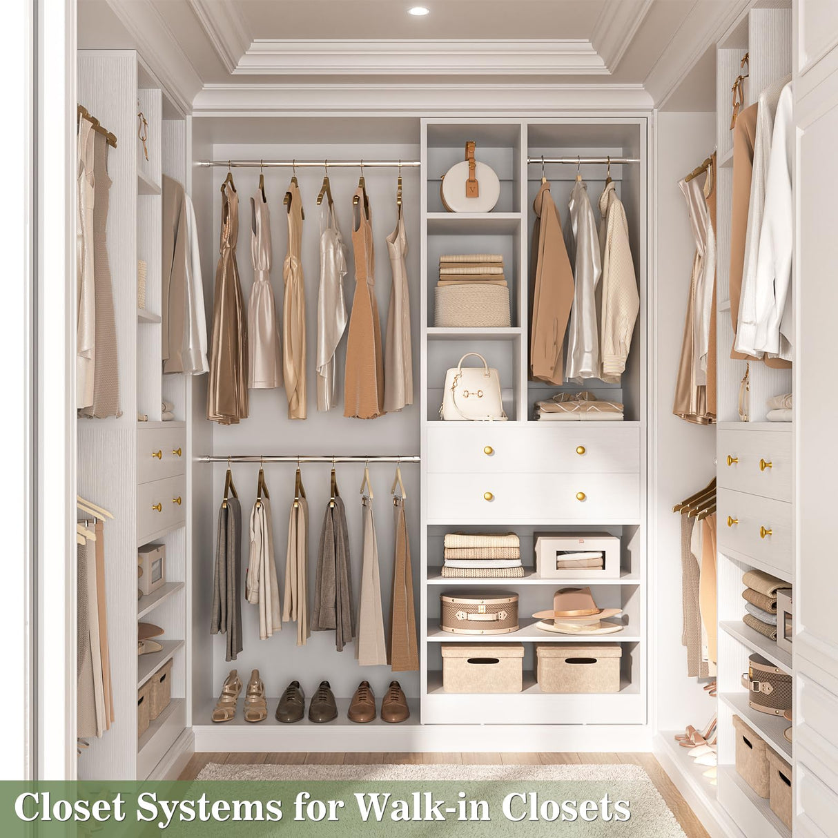 Besiost Closet System, 4.2–8.8 FT Closet Organizer with 2 Wooden Drawers and Shelves, Walk-in Closet System with 5 Hang Rods, Built-in Reach in Closet Tower, Can Fit 60 to 96 inch, White Besiost