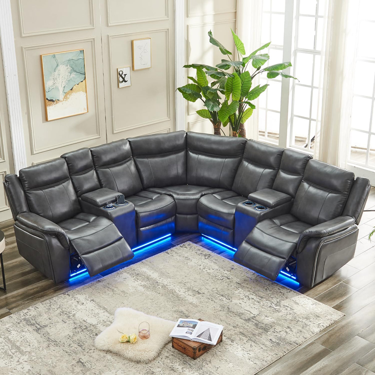 Power Recliner Sectional Sofa Couches with LED Lights for Living Room, Faux Leather Wall Hugger Reclining Corner Couch Sets with 2 Home Theater Seat, USB Charger, Cup Holder, Storage Console, Grey Comfort Stretch