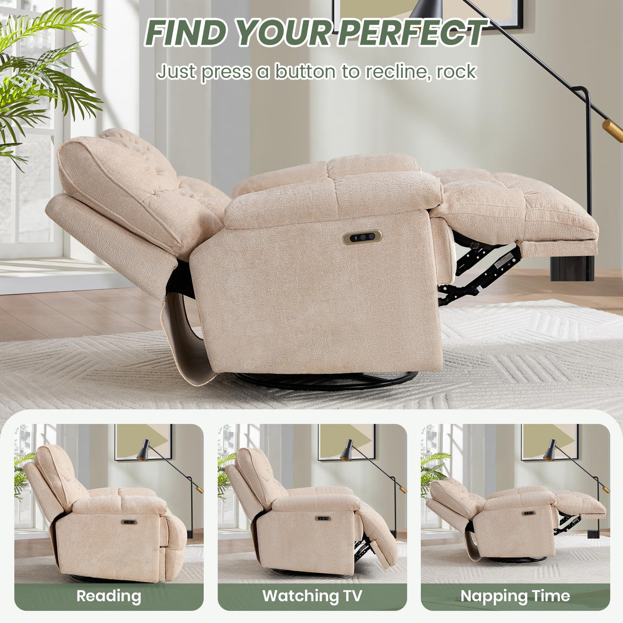 VIKAYAMICS Oversized Rocker Recliner Chair 42” Power Swivel Recliner for Living Room Overstuffed Extra Wide Rocking Recliners with Breathable Soft Fabric Up to 400lbs(Power Beige) VIKAYAMICS