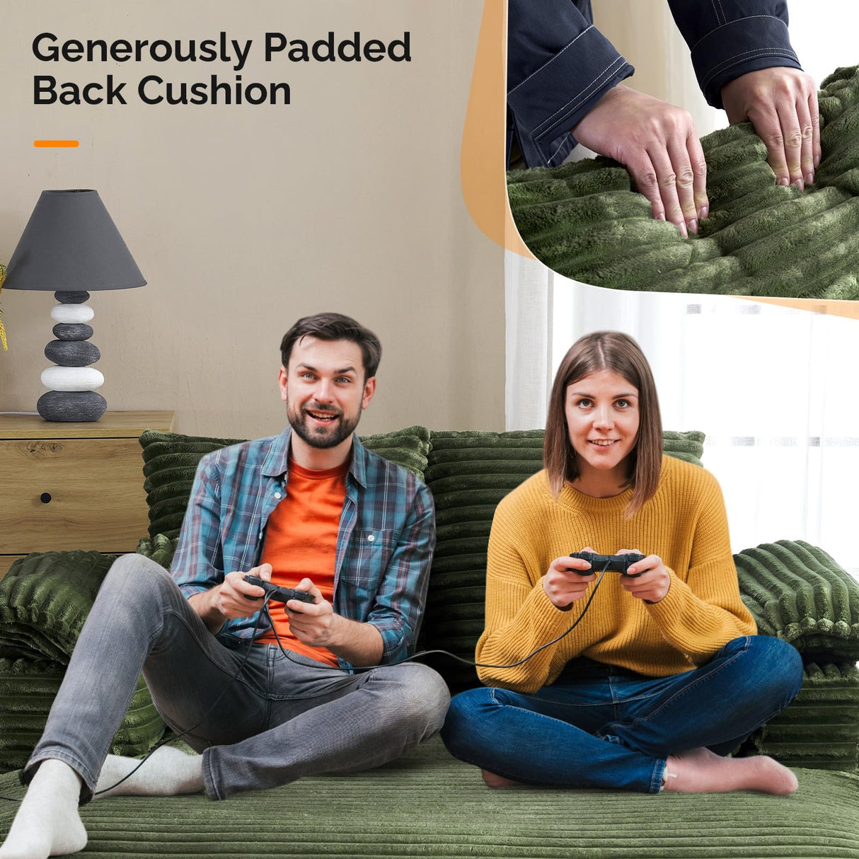 VINGLI Lounge Chair, 56" Oversized Reading Chair Corduroy Chaise Sofa Recliner Bed Upholstered Comfy Sleeper Couch with Throw Pillows and Armrests for Living Room, Movie Room, Bedroom VINGLI