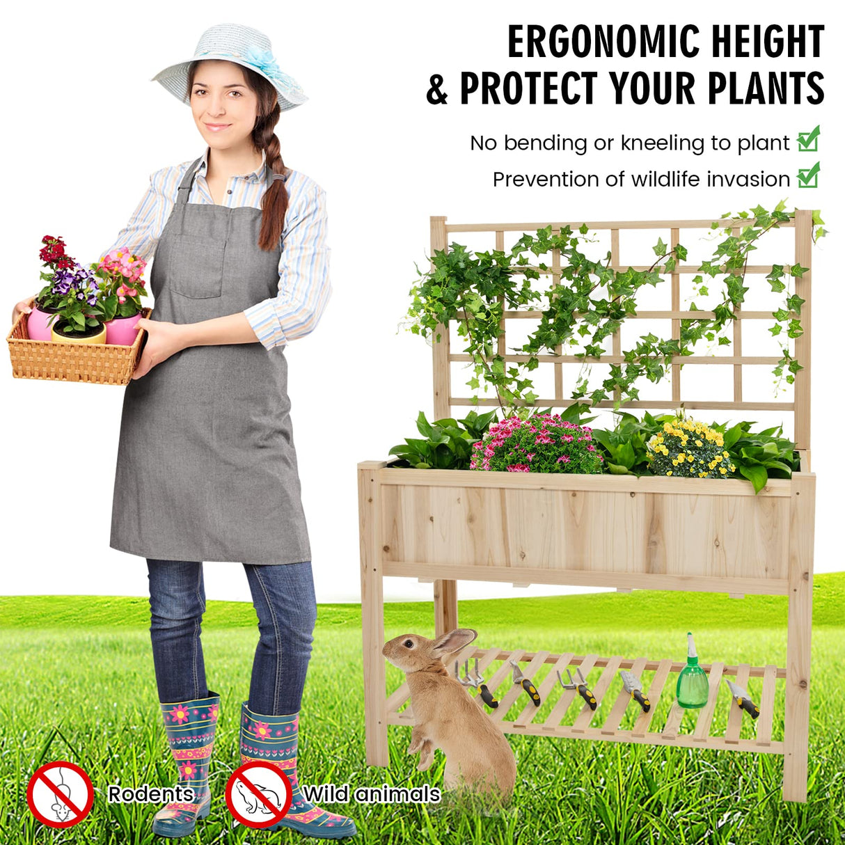 S AFSTAR Raised Garden Bed with Trellis, 48x23x63in Elevated Planter Box with Legs, Bottom Storage Shelf, Planter Liner, Wood Standing Planter Stand for Climbing Plants Flowers Vegetables Herbs S AFSTAR