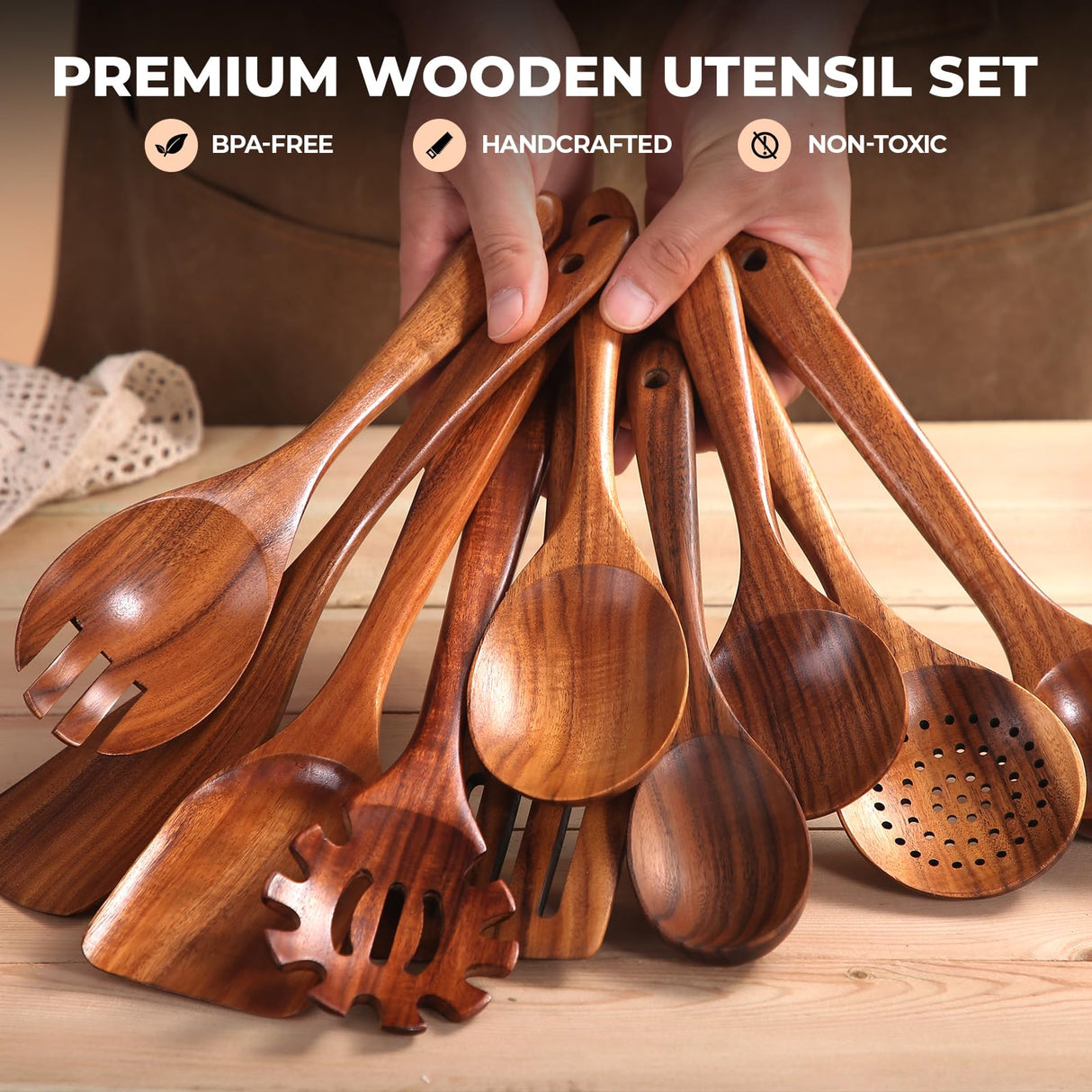 Wooden Cooking Utensils Set, Comfortable Grip Teak Wood Cooking Spoon Set, Nonstick No Scratch Wooden Spoons for Cooking (10Pcs) AIUHI