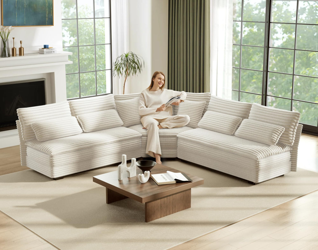 5-Seater Sectional Couch, 102" L-Shaped Corner Sofa, Oversized Corduroy Cloud Couch with 2-Layer Cushions for Living Room, Aparment (White) SUNWAVE