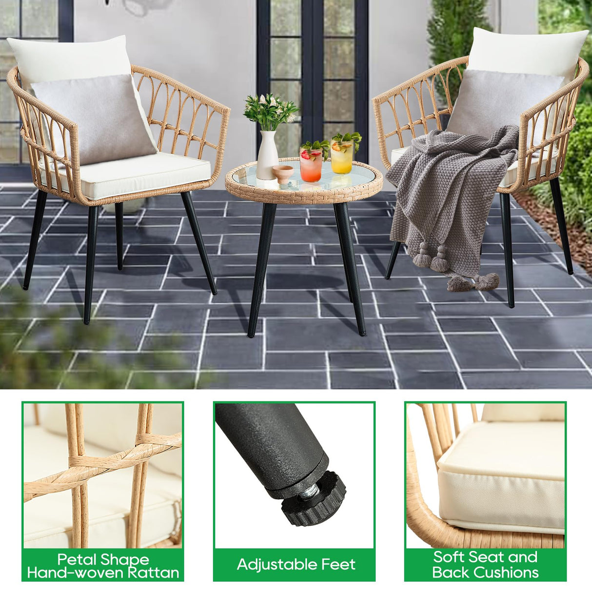 PORWEY 3 Piece Patio Bistro Set, Outdoor Wicker Apartment Balcony Furniture Sets, Rattan Table and Chairs Set of 2 for Porch Backyard Lawn Poolside Deck, Beige PORWEY