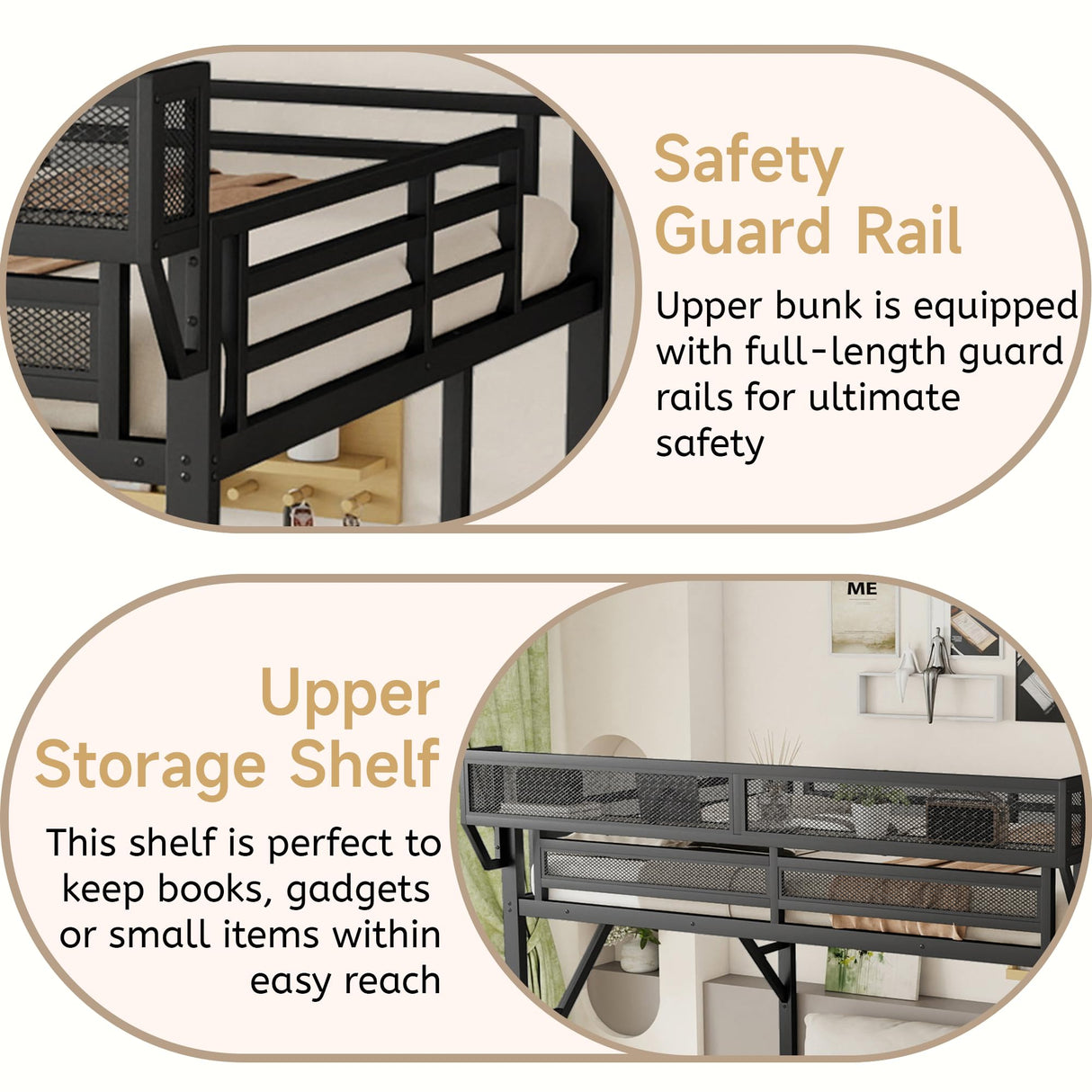 Mirightone Full Size Loft Bed with Stairs, Metal Loft Beds, High Loft Bed Frame with Storage Shelves, Lofted Full Bed with Wardrobe for Kids and Teens, No Box Spring Needed (Black+Natural) Mirightone