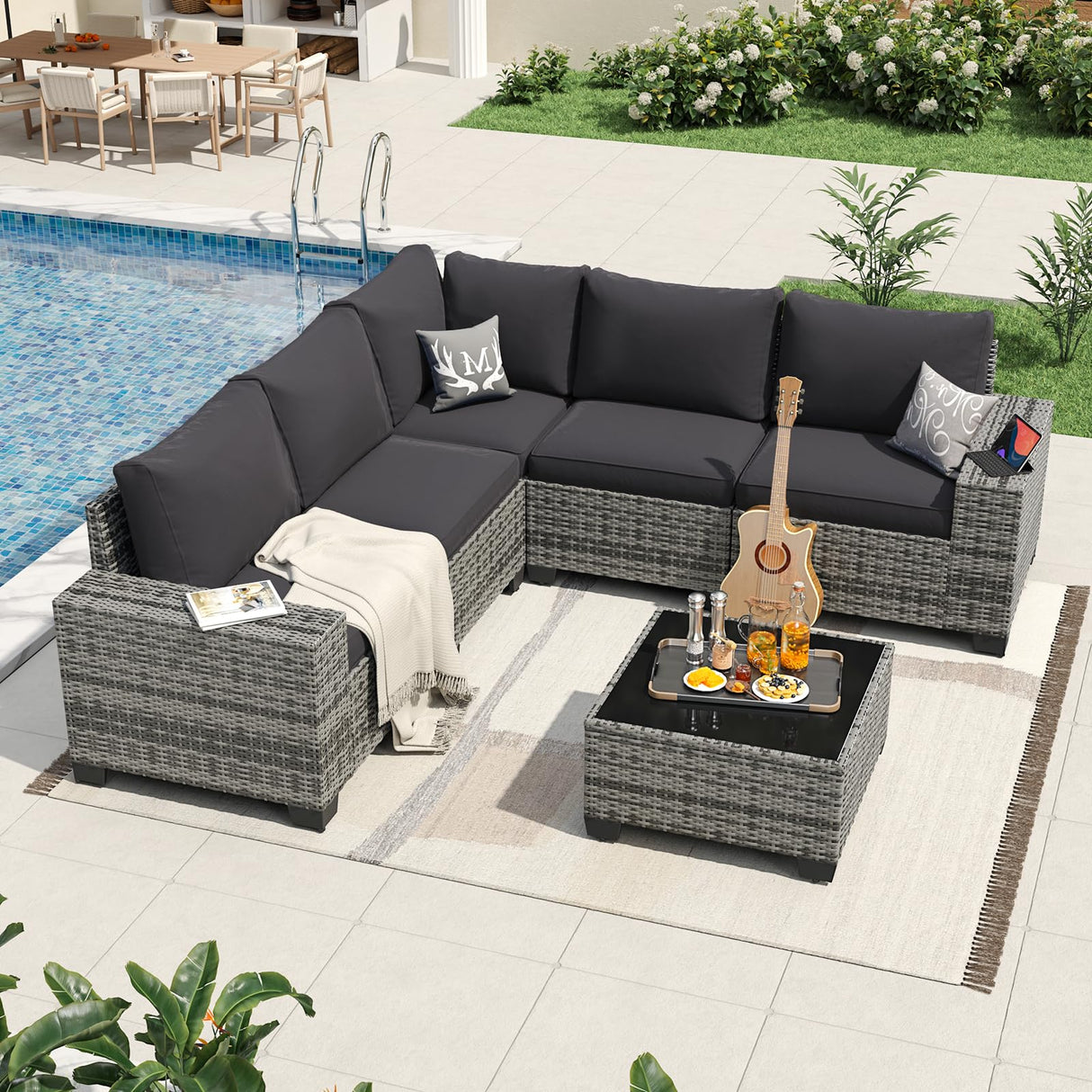 Aoxun 6 Pieces Patio Furniture Set Wicker Rattan Outdoor Sectional Conversation Set with Coffee Table and 4” Thickened Cushions, Gray Black (Waterproof Cover Included) Aoxun