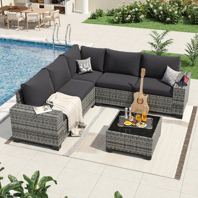 Aoxun 6 Pieces Patio Furniture Set Wicker Rattan Outdoor Sectional Conversation Set with Coffee Table and 4” Thickened Cushions, Gray Black (Waterproof Cover Included)