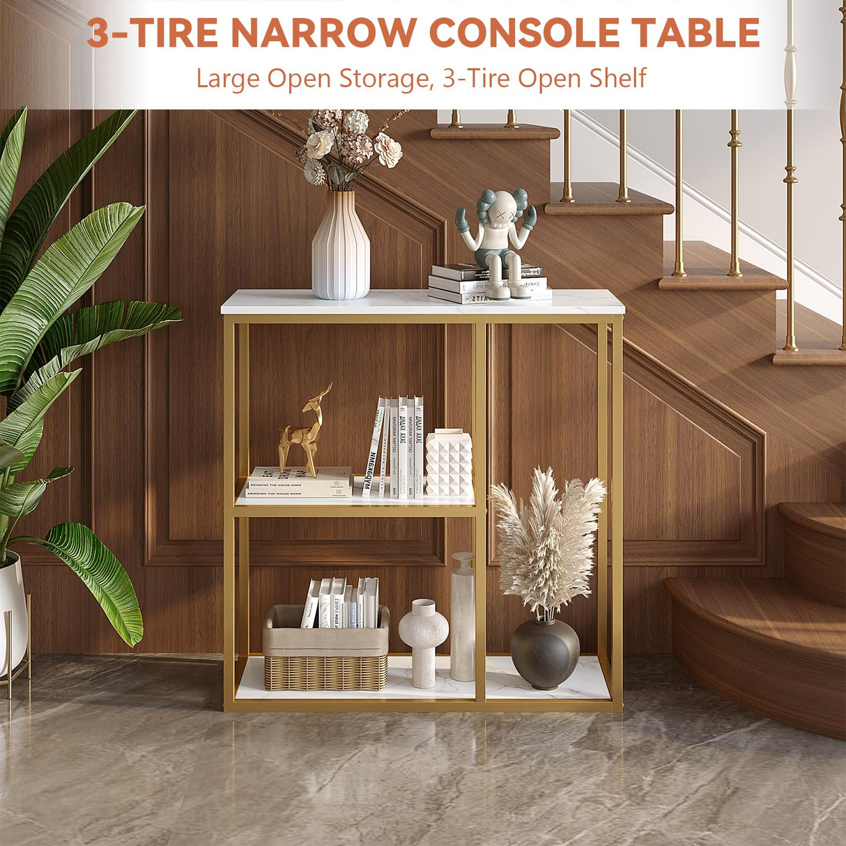 WOHOMO Console Table, Small Entryway Table with Storage Shelves 12'' Narrow Sofa Table Modern Hallway Table for Living Room 31.5" x12''x31.5'' White and Gold WOHOMO