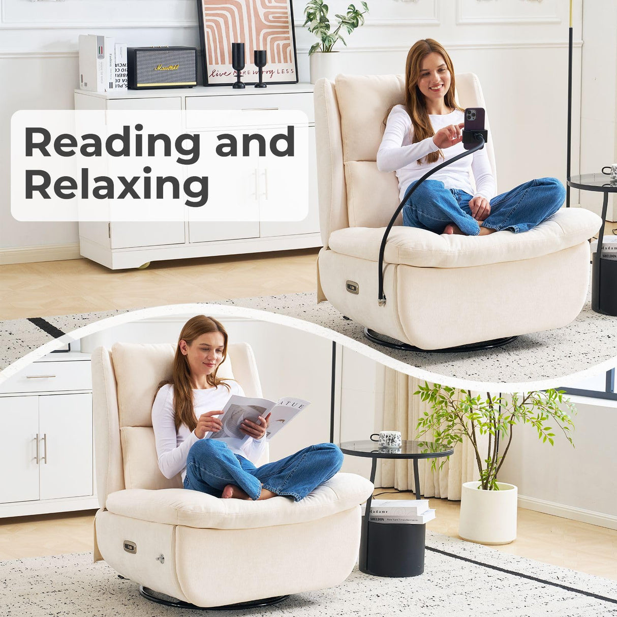 Oversized Power Recliner Chair for Adults,270°Swivel Rocker Recliner with USB Port,Electric Glider Recliner Chair with Storage,Nursery Rocking Chair with Phone Holder,Beige Rhevoy