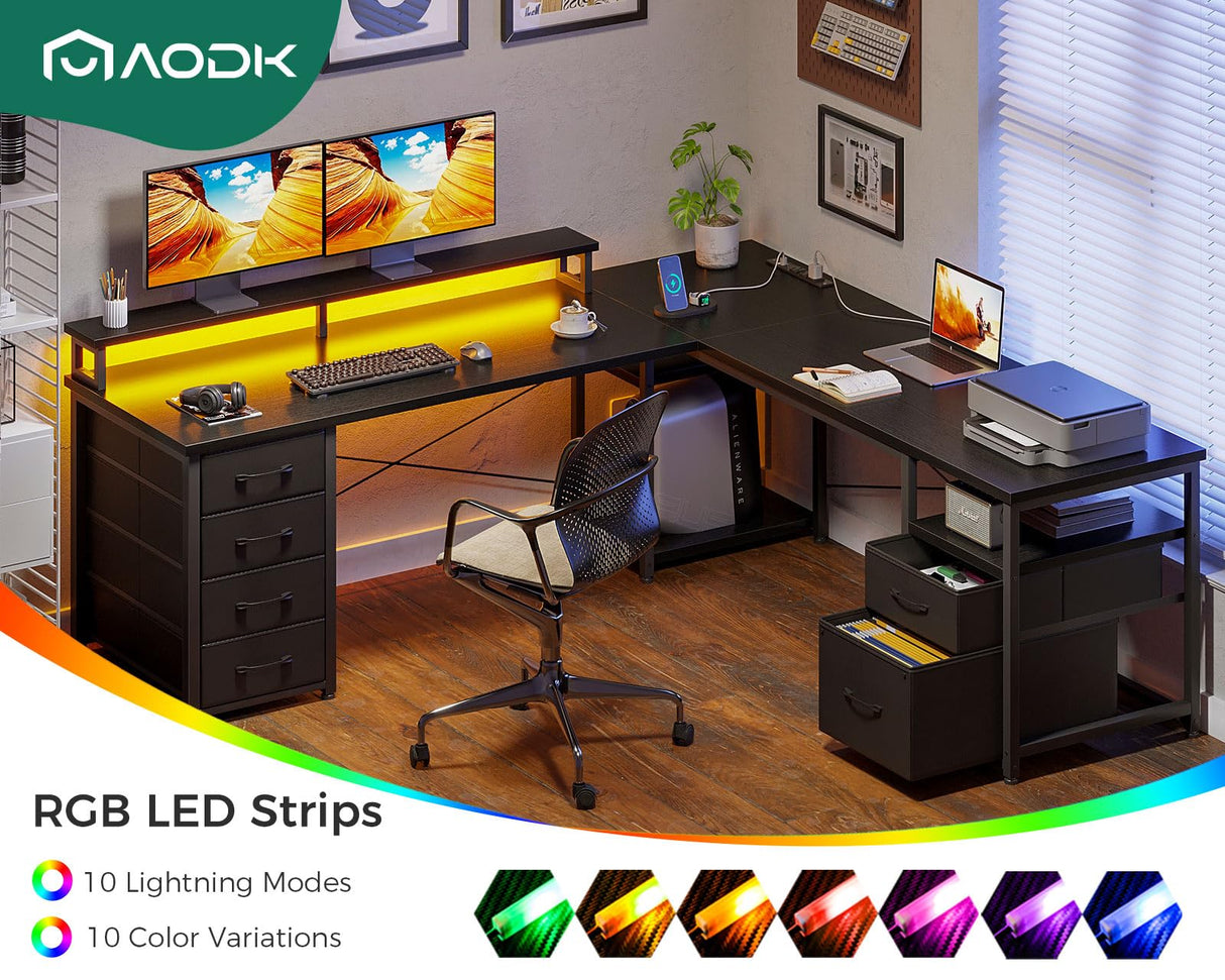 AODK 66" L Shaped Computer Desk, 113“ Reversible Home Office Desk with File Cabinet & 4 Fabric Drawers, Two Person Desk with LED Lights & Power Outlet, Corner Gaming Desk with Monitor Shelf, Black AODK