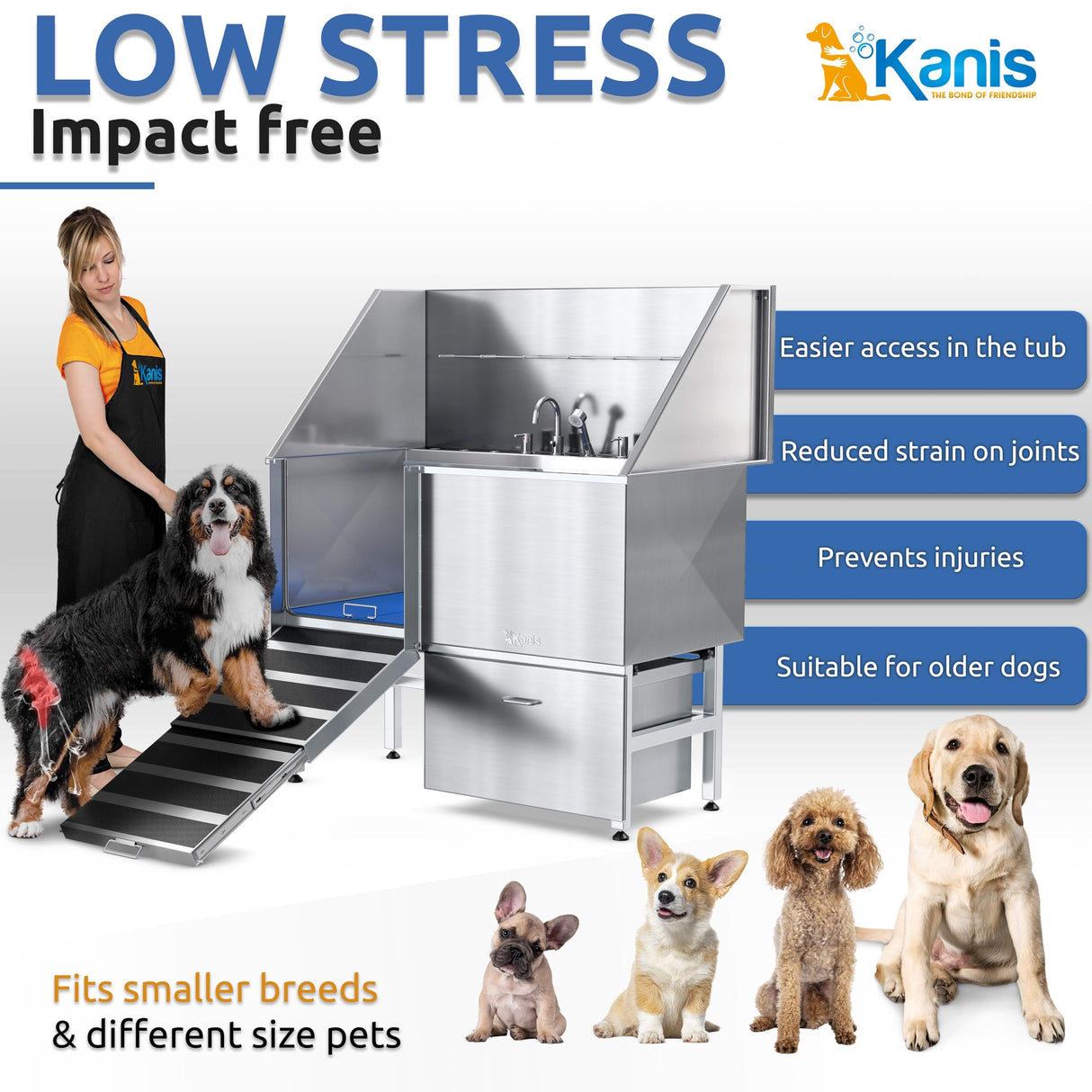 KANIS Professional Stainless Steel Dog Bathing Station - Dog Grooming Tub w/Ramp, Storage Drawer, Floor Grate & Faucet/Dog Bathtub for Large, Medium & Small Pets (50", Left RAMP - 1 Drawer) KANIS