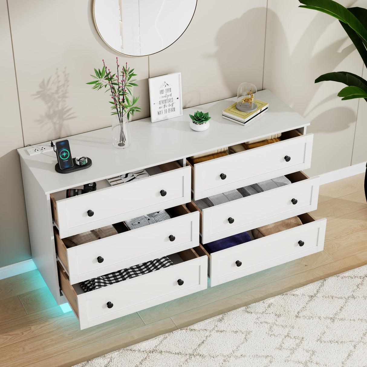 Loomie 6 Drawer Dresser with Power Outlet, Modern Chest of Drawers with Led Light, Double Wide Drawer Organizer Cabinet, Dresser for Bedroom, Living Room, Entryway (White) Loomie
