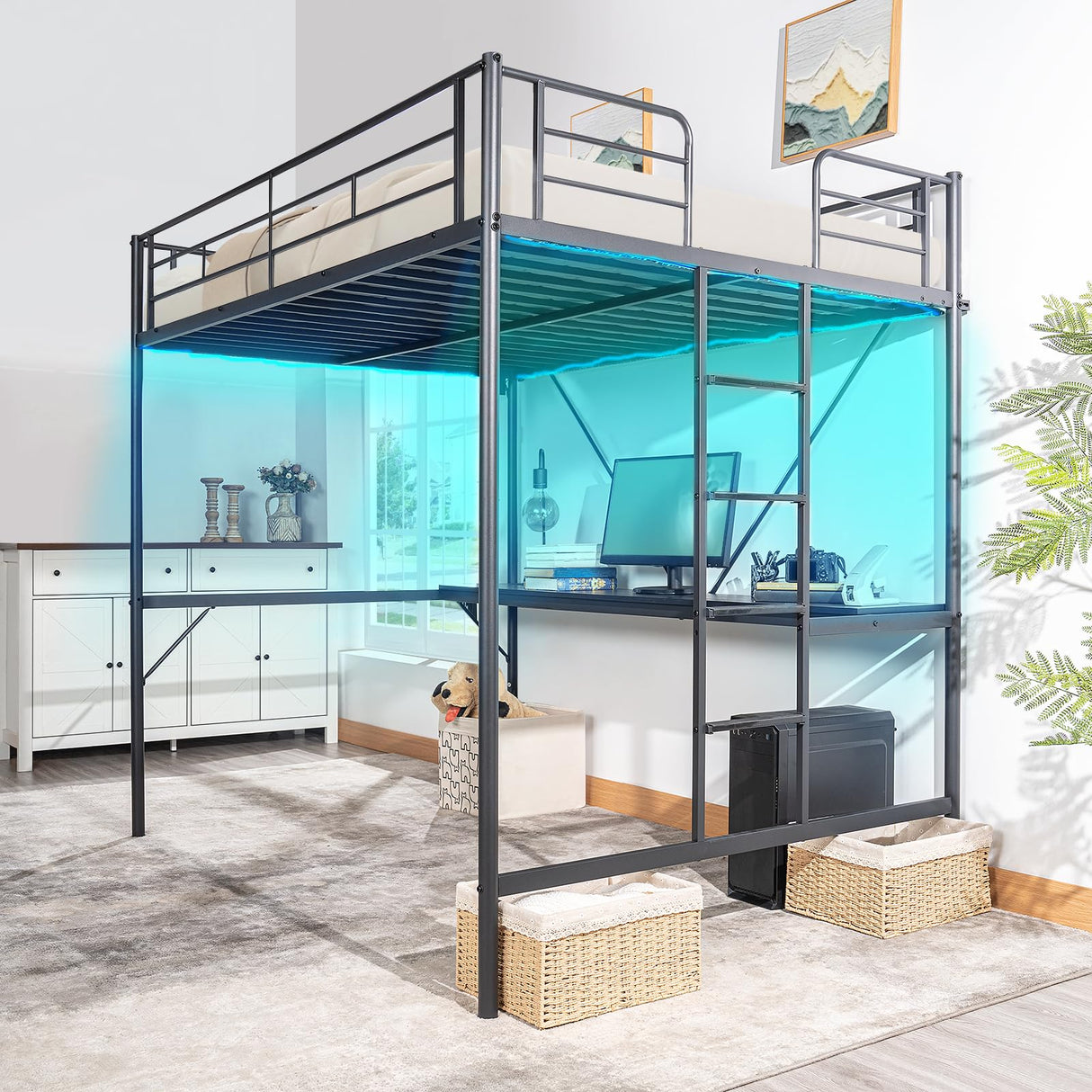 VINGLI Full Size Metal Loft Bunk Bed Frame for Kids Teens Adults with Desk Underneath,2 Charging Station,LED Lights,Safety Guardrail and Stair,No Box Spring Needed,Black VINGLI