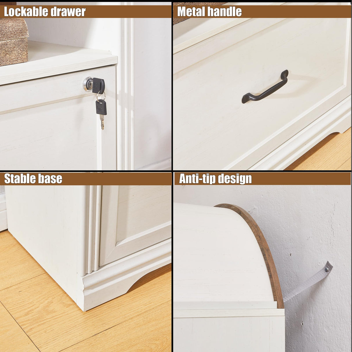 5 Tiers Farmhouse Arch Bookshelf with Lockable Drawers,70”Tall Bookshelf with Adjustable File Cabinet,Vintage Arch Bookcase for Home Office (White) LayBurst