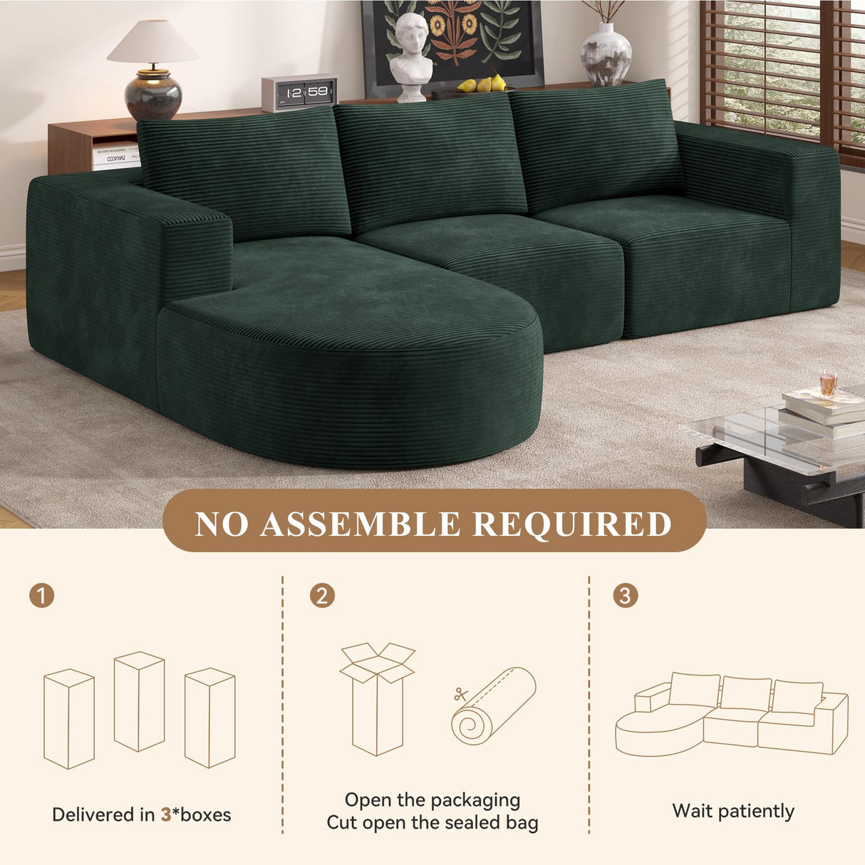 Modular Sectional Sofa with L-Shape Chaise,Cloud Sectional Modern Sleeper Couch with Deep Seat,Sponge Compression Sofas No Assembly Required (Green-Corduroy Fabric) 1PCS Luxanimarion